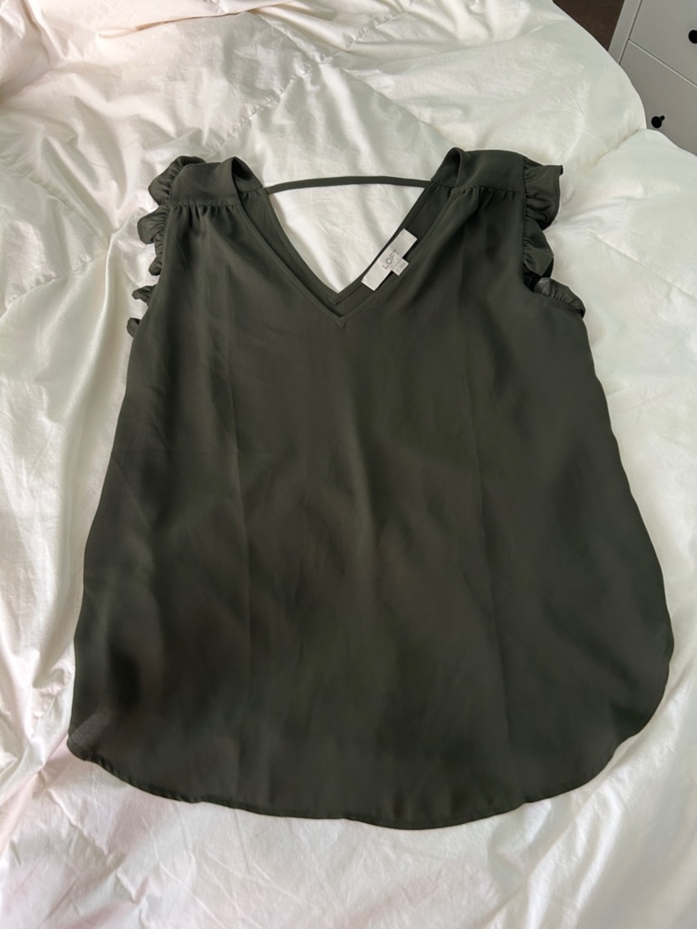 LOFT Olive V-Neck Ruffle-Shoulder Shell